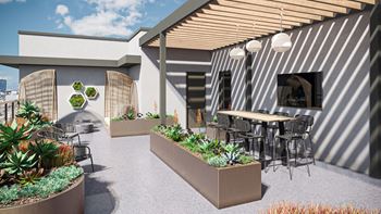 a rendering of a patio with tables and chairs